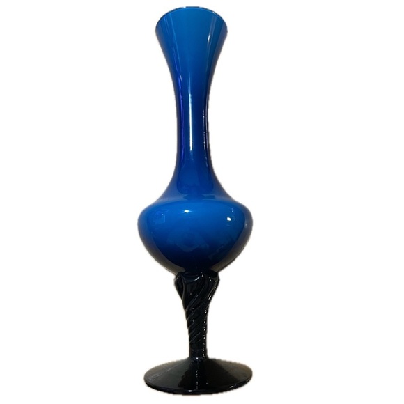 Vintage Elegant Blue and Black Glass Handblown Vase with Black Swirl Stem - Picture 4 of 6